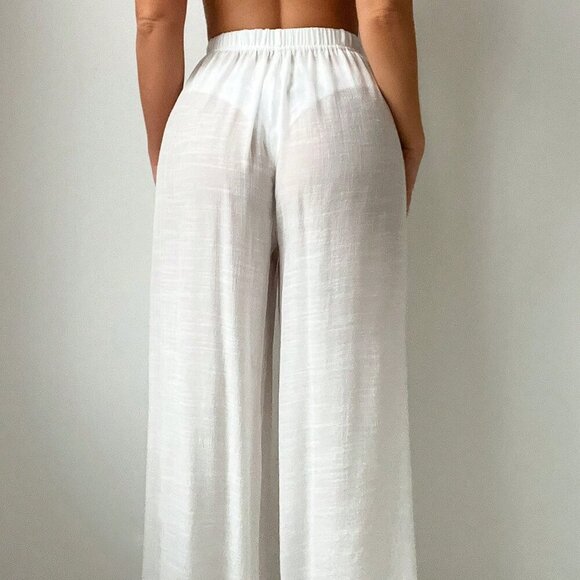 White Boho Women's Beachwear Pom-Pom Trim Tie Front Waist Splice Cover Up Pants - Picture 2 of 4